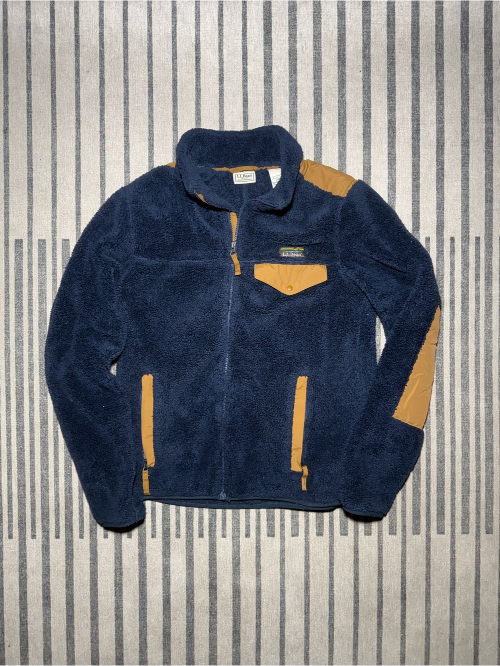 L.L. Bean Hi-Pile Fleece Full-Zip Jacket in Navy Blue & Tan/Gold
